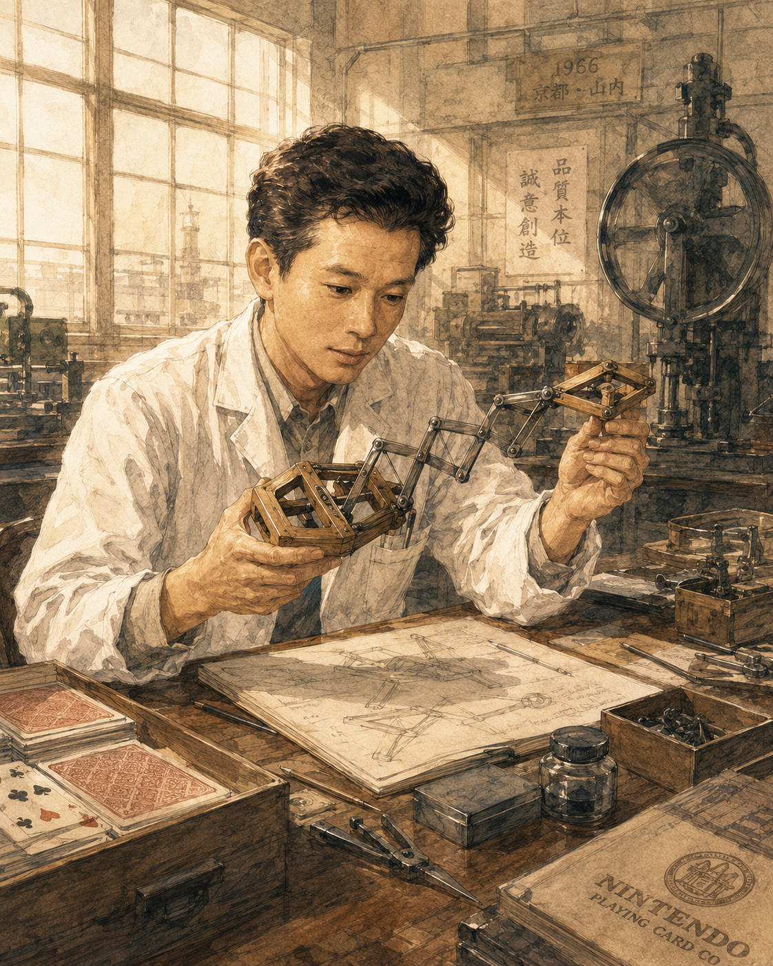 1966年の任天堂工場で、横井軍平が金具を組み合わせた伸縮アームを試作する様子を描いたイラスト