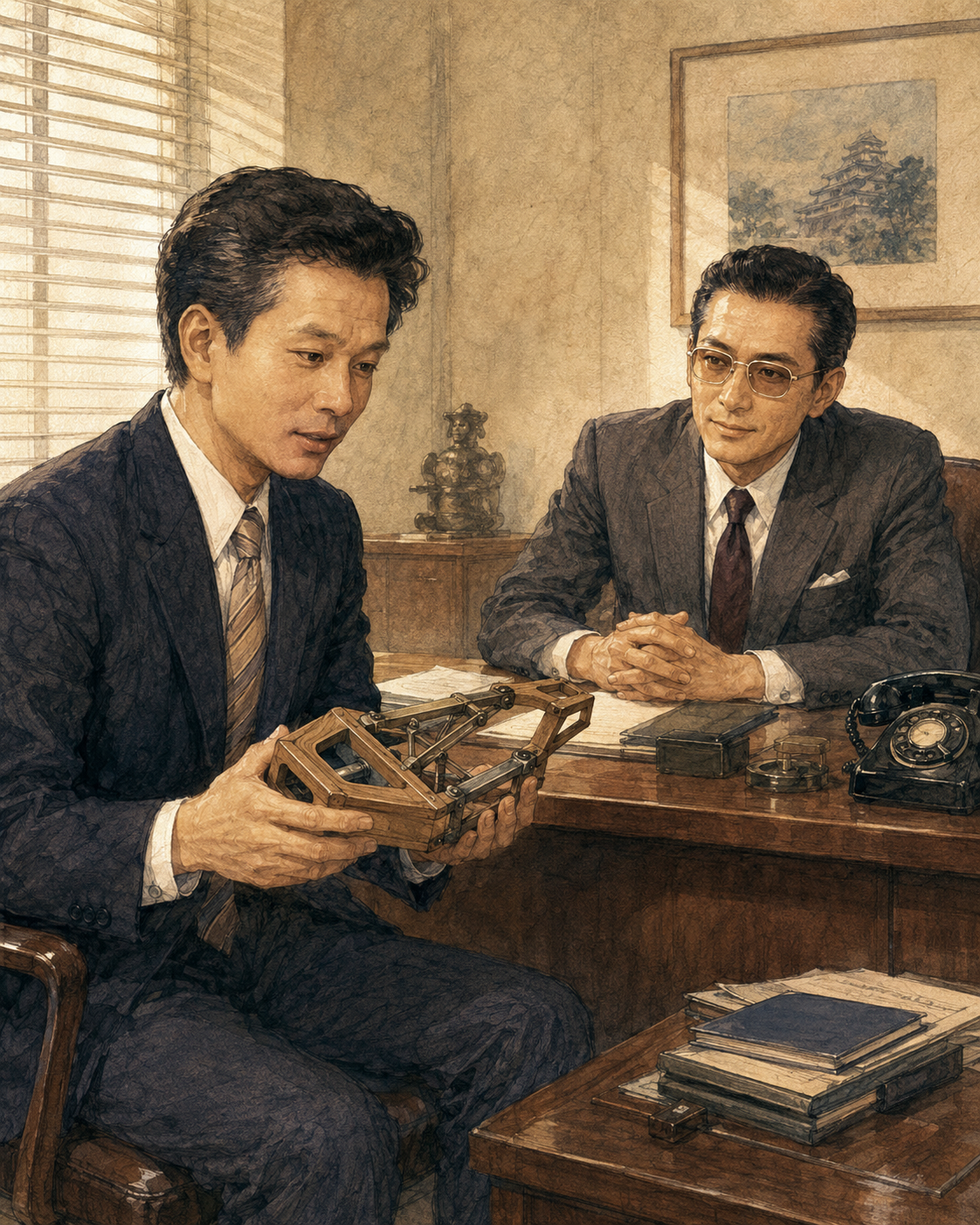 役員室で横井軍平が伸縮アームの試作品を山内溥社長に見せる様子を描いたイラスト